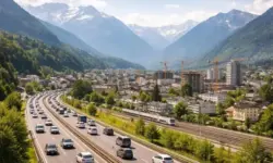 Schweizer Stadt im Tal mit Verkehr, Wohnhäusern und Baustellen vor Alpenkulisse zur Volksabstimmung über Bevölkerungsobergrenze