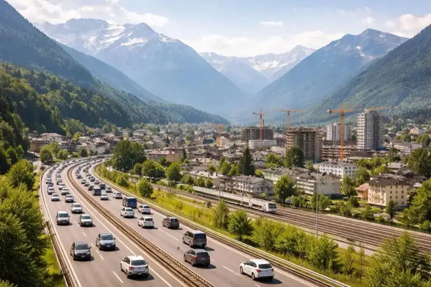 Schweizer Stadt im Tal mit Verkehr, Wohnhäusern und Baustellen vor Alpenkulisse zur Volksabstimmung über Bevölkerungsobergrenze