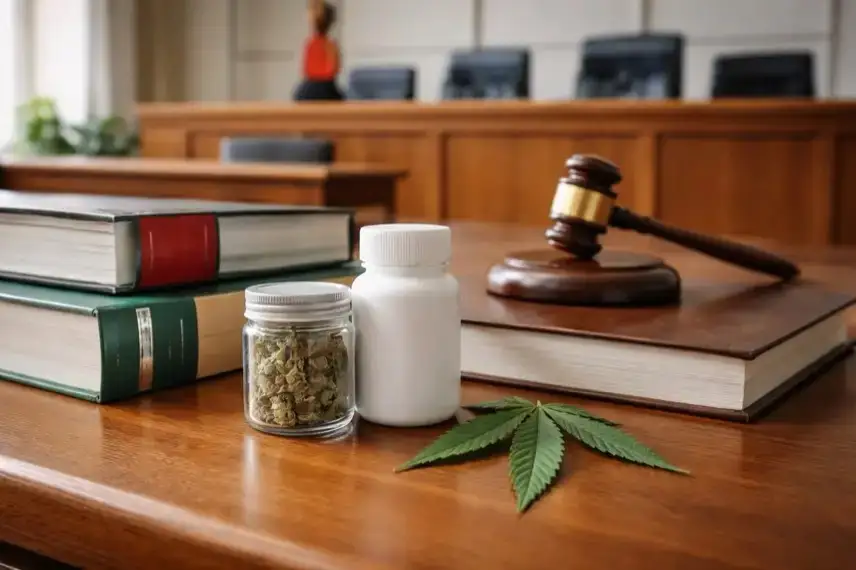Gerichtssaal mit Gesetzestexten und neutraler Cannabis-Arzneiverpackung zur Rechtslage medizinisches Cannabis