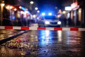 Abgesperrte Straße im Zülpicher Viertel Köln bei Nacht mit Polizeifahrzeug und Blaulicht an Weiberfastnacht