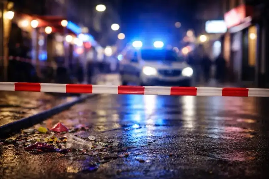 Abgesperrte Straße im Zülpicher Viertel Köln bei Nacht mit Polizeifahrzeug und Blaulicht an Weiberfastnacht