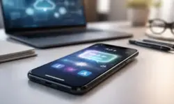 Smartphone mit abstrakter KI-Oberfläche auf Schreibtisch, unscharfer Laptop im Hintergrund, Symbol für Apple Intelligence