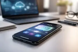 Smartphone mit abstrakter KI-Oberfläche auf Schreibtisch, unscharfer Laptop im Hintergrund, Symbol für Apple Intelligence