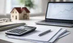 Kreditunterlagen, Taschenrechner und Modellhaus als Symbol für Kreditzinsen und Bauzinsen 2026 auf Schreibtisch