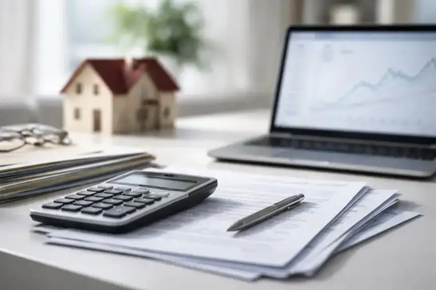 Kreditunterlagen, Taschenrechner und Modellhaus als Symbol für Kreditzinsen und Bauzinsen 2026 auf Schreibtisch