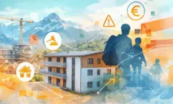 Leere Asylunterkunft in Bad Tölz, modernes Gebäude ohne Bewohner, leerer Parkplatz im Vordergrund