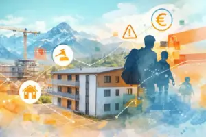 Leere Asylunterkunft in Bad Tölz, modernes Gebäude ohne Bewohner, leerer Parkplatz im Vordergrund