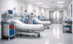 Krankenhausflur mit Intensivbetten und Notfallausrüstung als Darstellung für Gesundheitswesen im Kriegsfall