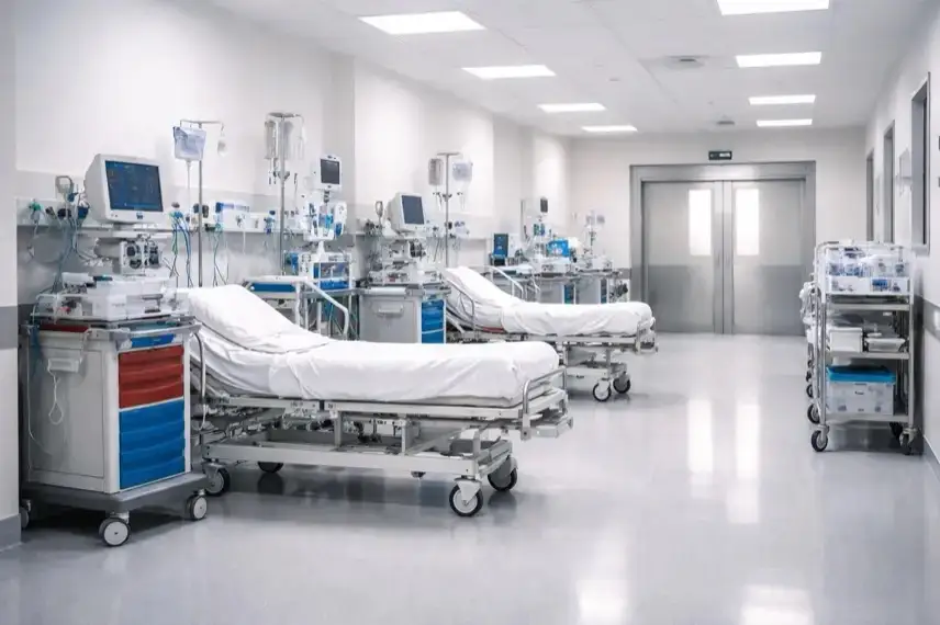 Krankenhausflur mit Intensivbetten und Notfallausrüstung als Darstellung für Gesundheitswesen im Kriegsfall