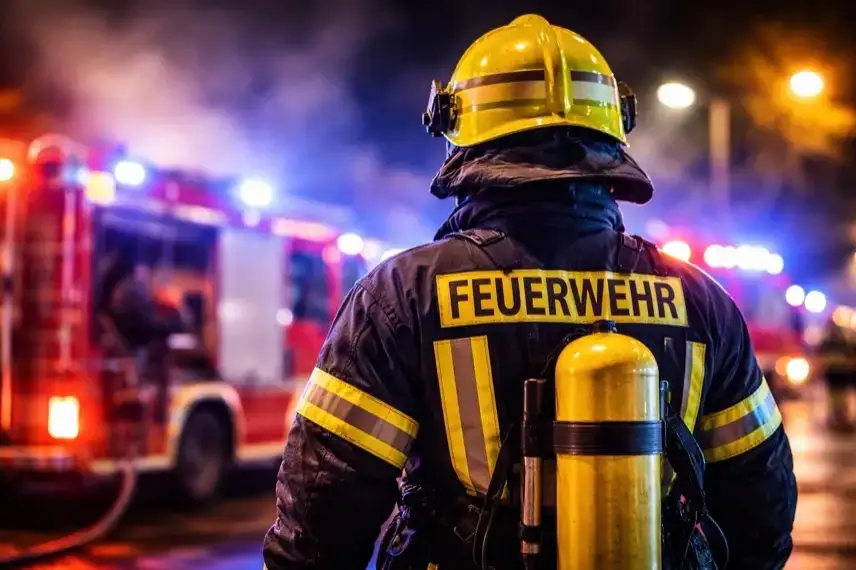 Feuerwehreinsatz bei Wohnungsbrand in Kiel, Rauch aus Fenster eines Gebäudes über Einkaufszentrum Sophienhof
