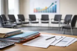 Besprechungsraum mit Akten und Formularen als Symbol für Bürgergeld-Reform und Grundsicherung in Deutschland