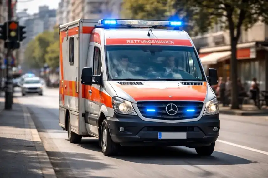 Karnevalswagen auf abgesperrter Straße mit Rettungsfahrzeug nach Unfall beim Karnevalszug in Niederkassel