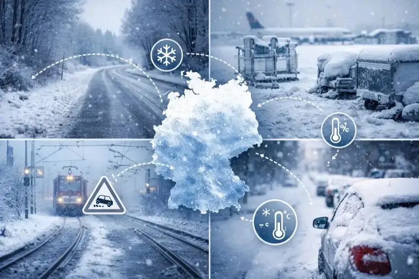 Vereiste Landstraße mit Schneefall bei Polarluft in Deutschland, winterliche Fahrbahn und grauer Himmel