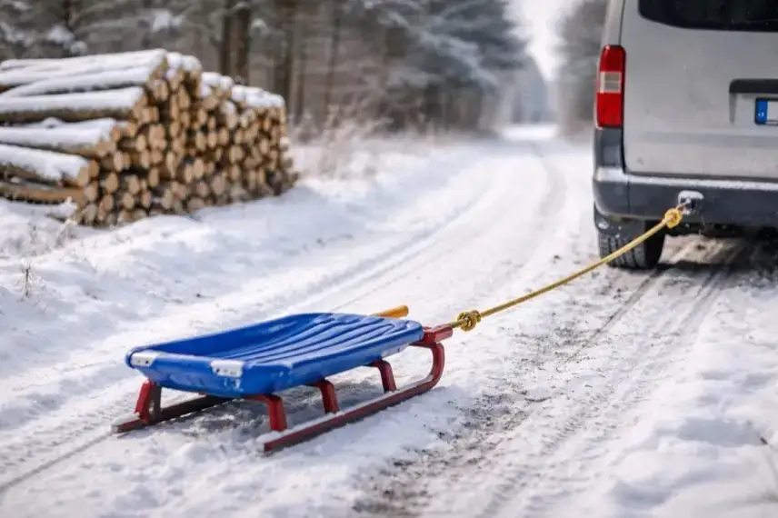 Schlitten an Auto befestigt auf verschneitem Feldweg nahe Holzstapel im Landkreis Rostock
