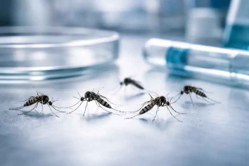 Makroaufnahme von Stechmücken neben Laborgefäßen zur Mückenbekämpfung mit genetisch veränderten Mücken
