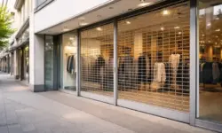 Geschlossenes Bekleidungsgeschäft mit Rollgitter in deutscher Einkaufsstraße als Symbol für KiK Filialschließungen