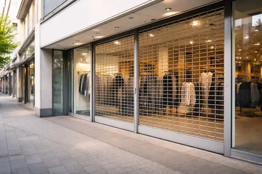 Geschlossenes Bekleidungsgeschäft mit Rollgitter in deutscher Einkaufsstraße als Symbol für KiK Filialschließungen