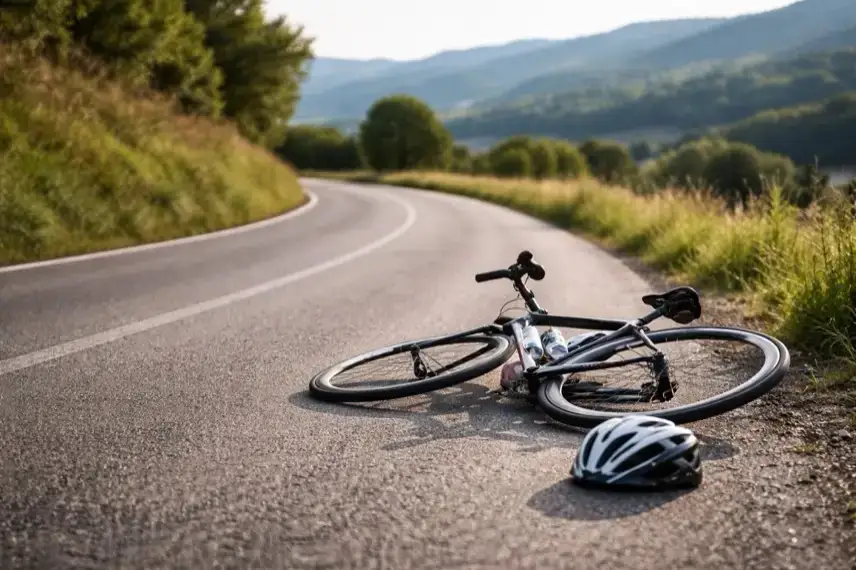 Rennrad und Fahrradhelm auf Landstraße in Norditalien, Trainingsunfall eines 18-jährigen Radprofis