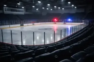 Leere Eishalle mit Tribünen und Eisfläche nach Schüssen während Jugend-Hockeyspiel in Pawtucket