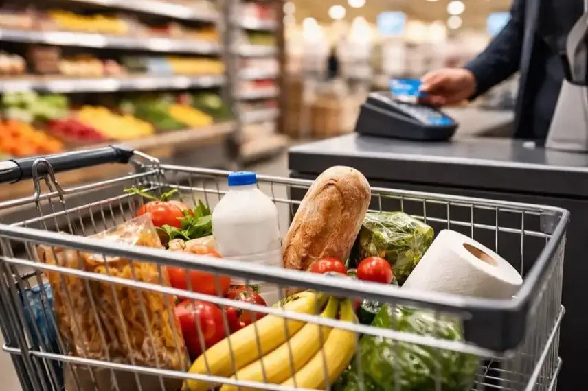 Einkaufswagen mit Lebensmitteln im Supermarkt als Symbol für Mehrwertsteuer-Erhöhung und Konsum in Deutschland