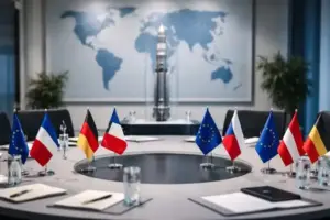 Konferenztisch mit europäischen Flaggen und Weltkarte als Symbol für nukleare Abschreckung und Sicherheitspolitik