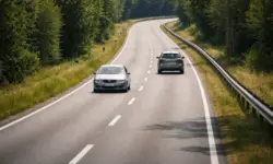 Zweispurige Landstraße ohne Mitteltrennung mit zwei Autos im Gegenverkehr auf einer Bundesstraße