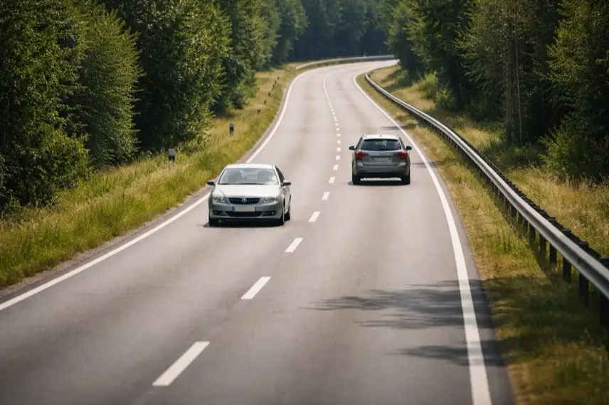 Zweispurige Landstraße ohne Mitteltrennung mit zwei Autos im Gegenverkehr auf einer Bundesstraße