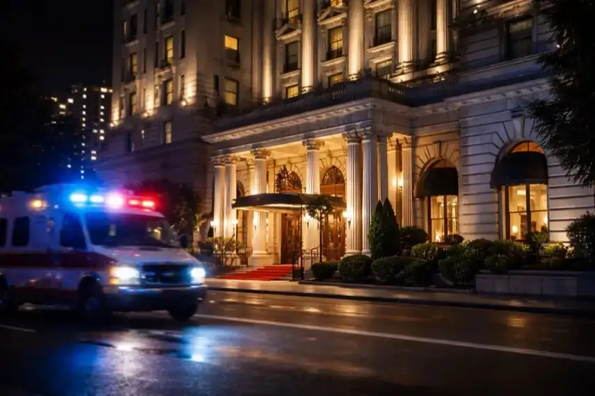 Nächtliche Außenansicht eines Hotels in San Francisco mit Rettungsfahrzeug und Blaulicht vor dem Gebäude