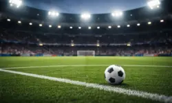 Leeres Fußballstadion bei Flutlicht mit Ball auf dem Rasen, Symbol für LaLiga-Spiel von FC Barcelona und Real Madrid