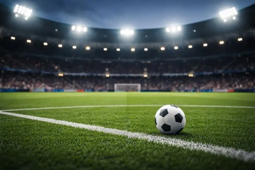 Leeres Fußballstadion bei Flutlicht mit Ball auf dem Rasen, Symbol für LaLiga-Spiel von FC Barcelona und Real Madrid