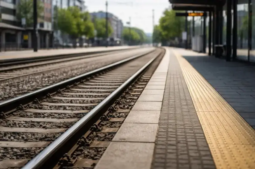 Leere Straßenbahnhaltestelle mit Gleisen und Bahnsteigkante in Ludwigshafen bei Tageslicht