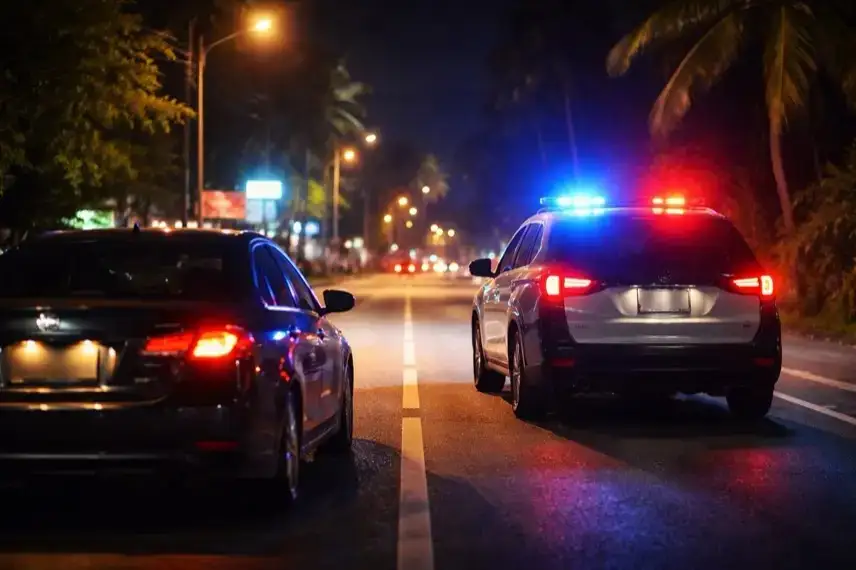 Polizeikontrolle bei Nacht auf Phuket mit Auto und Blaulicht im Zusammenhang mit Festnahme von Rapper Samra in Thailand
