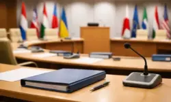 Konferenzraum mit Rednerpult und Flaggen als Symbol für WHO, Vereinte Nationen und internationale Gesundheitspolitik