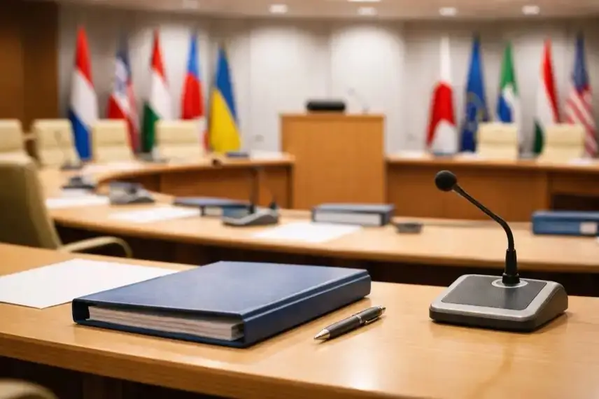 Konferenzraum mit Rednerpult und Flaggen als Symbol für WHO, Vereinte Nationen und internationale Gesundheitspolitik