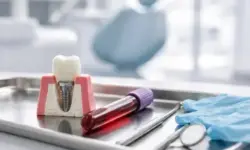 Zahnimplantat-Modell und Blutprobe im Behandlungsraum, Symbol für Vitamin D und Implantate