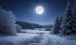 Heller Vollmond im Februar über verschneiter Winterlandschaft bei Nacht mit klarer Sicht und ruhiger Atmosphäre.