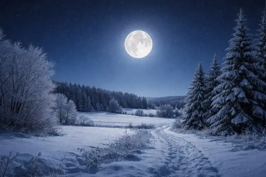 Heller Vollmond im Februar über verschneiter Winterlandschaft bei Nacht mit klarer Sicht und ruhiger Atmosphäre.
