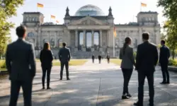 Abstrakte Menschensilhouetten vor dem Reichstagsgebäude in Berlin als Darstellung einer politischen Debatte zur Sozialpolitik