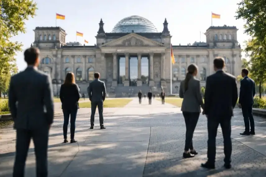 Abstrakte Menschensilhouetten vor dem Reichstagsgebäude in Berlin als Darstellung einer politischen Debatte zur Sozialpolitik