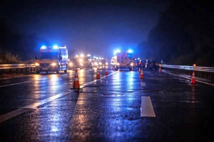 Gesperrte Autobahn A61 bei Köln in der Nacht mit Blaulicht und Fahrbahnmarkierungen nach schwerem Verkehrsunfall.