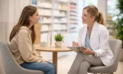 Jugendliches Mädchen sitzt an einem Tisch in einer Apotheke und spricht ruhig mit einer Apothekerin in hellem Beratungsbereich