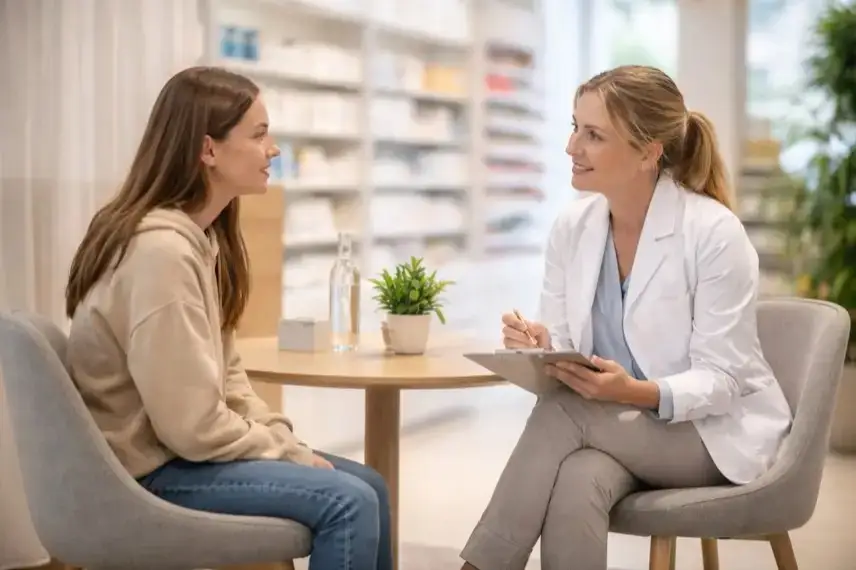 Jugendliches Mädchen sitzt an einem Tisch in einer Apotheke und spricht ruhig mit einer Apothekerin in hellem Beratungsbereich