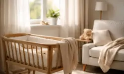 Helles Zimmer mit Babywiege, Sessel und Tageslicht am Fenster, ruhige Innenaufnahme mit familiärem Bezug