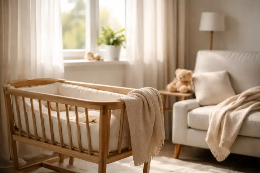 Helles Zimmer mit Babywiege, Sessel und Tageslicht am Fenster, ruhige Innenaufnahme mit familiärem Bezug