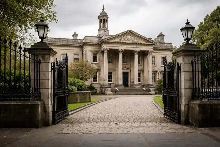 Historisches britisches Verwaltungsgebäude mit Tor bei bewölktem Himmel im Kontext Epstein-Affäre und Ermittlungen
