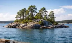 Unbewohnte Felseninsel in schwedischer Schärenlandschaft mit Granitfelsen und Kiefern, ruhiges Meer im Vordergrund