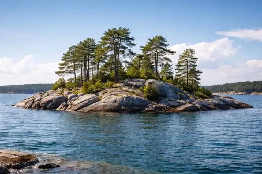 Unbewohnte Felseninsel in schwedischer Schärenlandschaft mit Granitfelsen und Kiefern, ruhiges Meer im Vordergrund