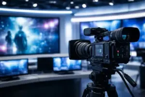 Fernsehstudio mit Kamera und Monitoren, die digitale Bildkomposition zeigen, Symbol für KI-Eklat im Heute Journal