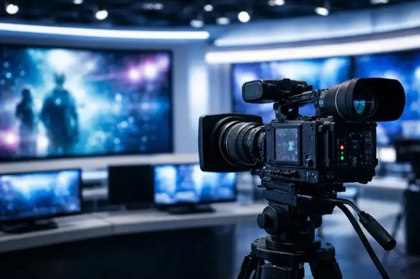 Fernsehstudio mit Kamera und Monitoren, die digitale Bildkomposition zeigen, Symbol für KI-Eklat im Heute Journal