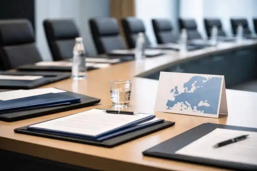 Leerer Sitzungssaal mit Dokumenten auf Tisch zur EU-Entscheidung über 90-Milliarden-Euro-Darlehen für die Ukraine